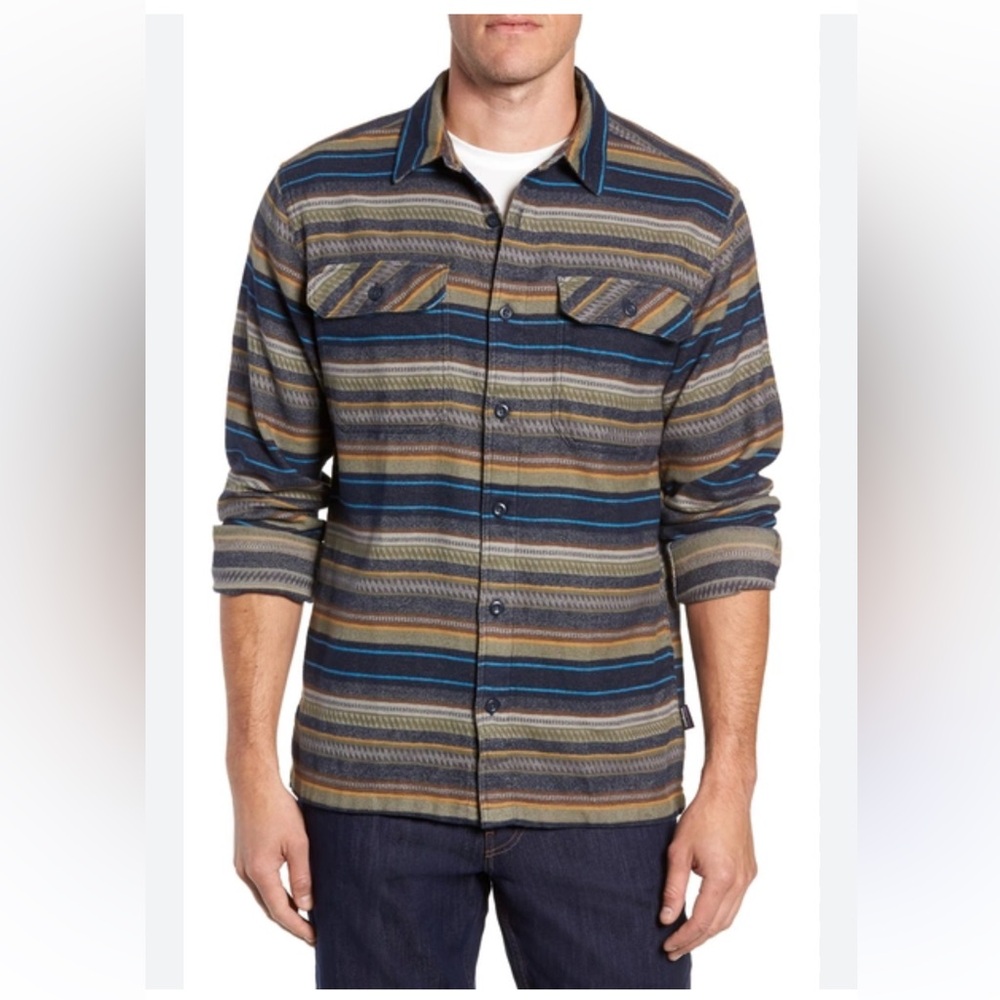 Patagonia Men's Striped Button-Down Shirt in Blue, Brown, Gray